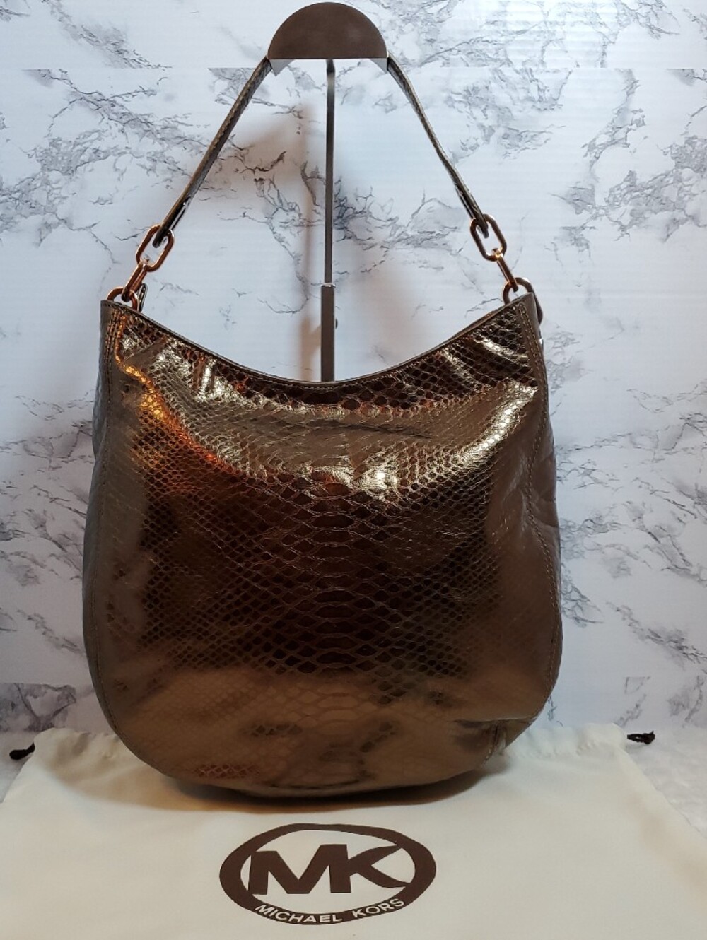 Michael Kors Cocoa Fulton Chain Hobo Snake-Embossed Shoulder Bag NWT - Picture 2 of 16
